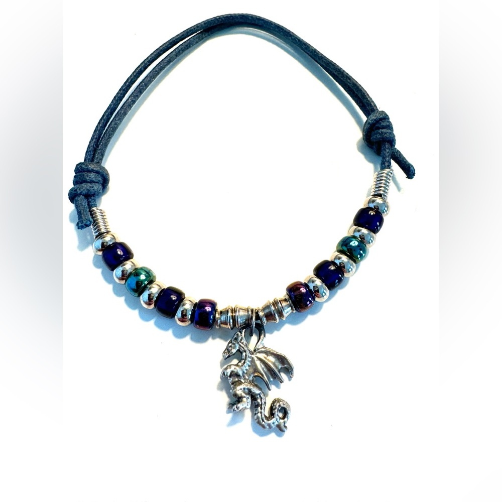 Mystical Dragon Silver Tone Charm Bracelet Adjustable Cord with Iridescent Beads